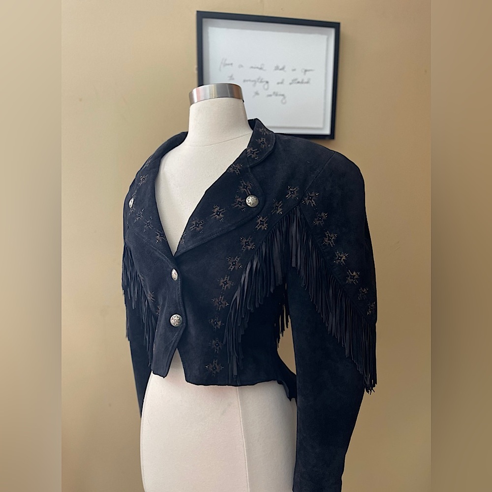 VINTAGE PATRICIA WOLF hand painted fringe leather jacket size 6